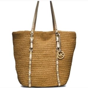 Michael Kors Large Studded Straw Leather Straps Shopper Tote Beach Summer
